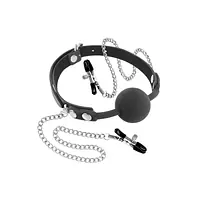 Кляп з силіконовою кулькою і затискачами для сосків Fetish Tentation Gag Ball with Nipple Clamps - Master