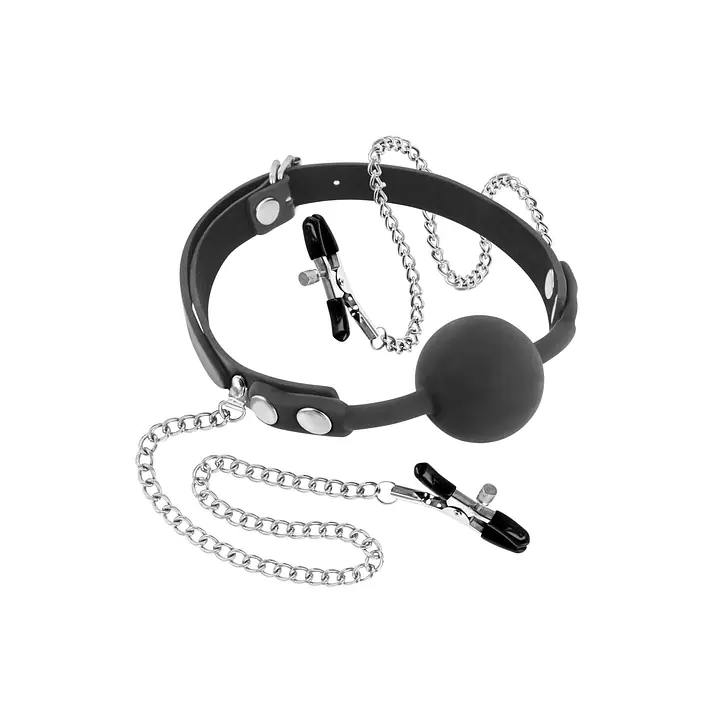 Кляп з силіконовою кулькою і затискачами для сосків Fetish Tentation Gag Ball with Nipple Clamps - Master
