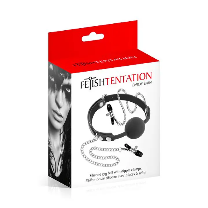 Кляп з силіконовою кулькою і затискачами для сосків Fetish Tentation Gag Ball with Nipple Clamps - Master