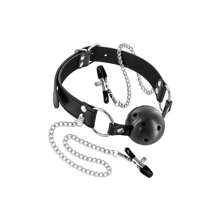 Повітропроникний кляп із затискачами для сосків Fetish Tentation Rigid Gag Ball with Nipple Clamps - Master