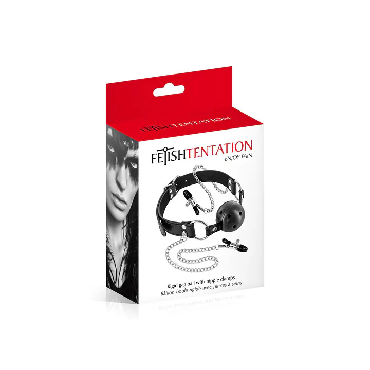 Повітропроникний кляп із затискачами для сосків Fetish Tentation Rigid Gag Ball with Nipple Clamps - Master