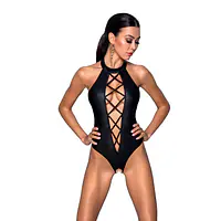 Боді з еко-шкіри з імітацією шнурівки та відкритим доступом Passion NANCY BODY S/M, black - Master
