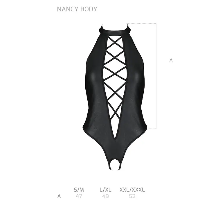 Боді з еко-шкіри з імітацією шнурівки та відкритим доступом Passion NANCY BODY S/M, black - Master