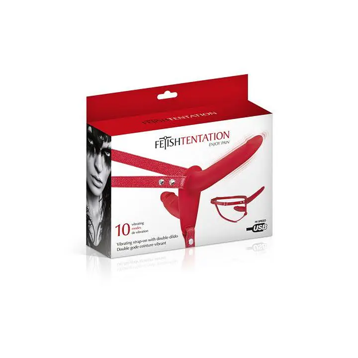 Подвійний страпон з вібрацією Fetish Tentation Vibrating Strap-On with Double Dildo Red - Master