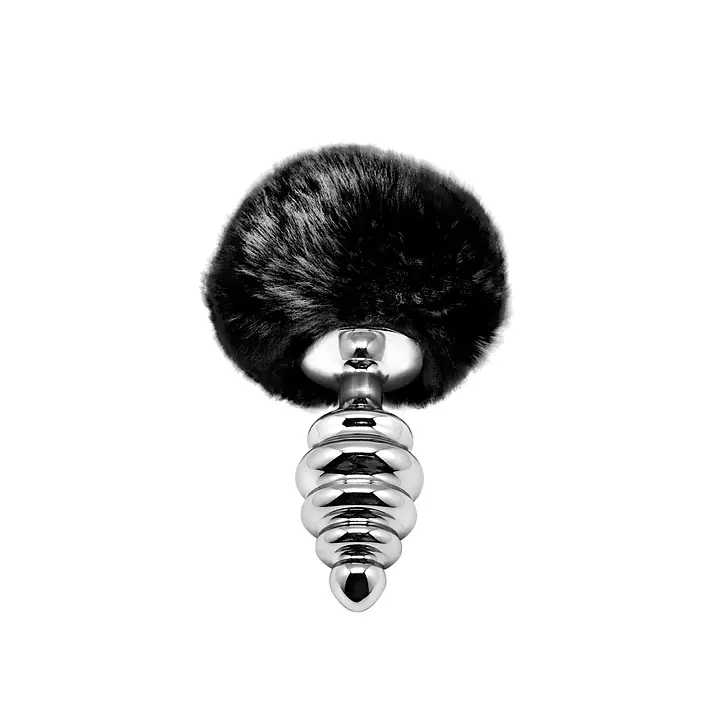Металева анальна пробка Кролячий хвостик Alive Fluffy Twist Plug M Black, діаметр 3,4 см - Master