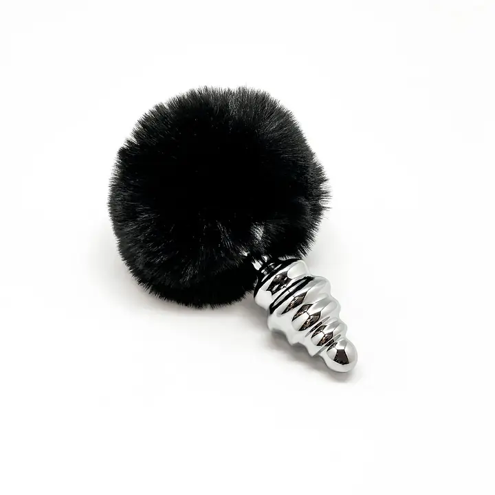 Металева анальна пробка Кролячий хвостик Alive Fluffy Twist Plug M Black, діаметр 3,4 см - Master