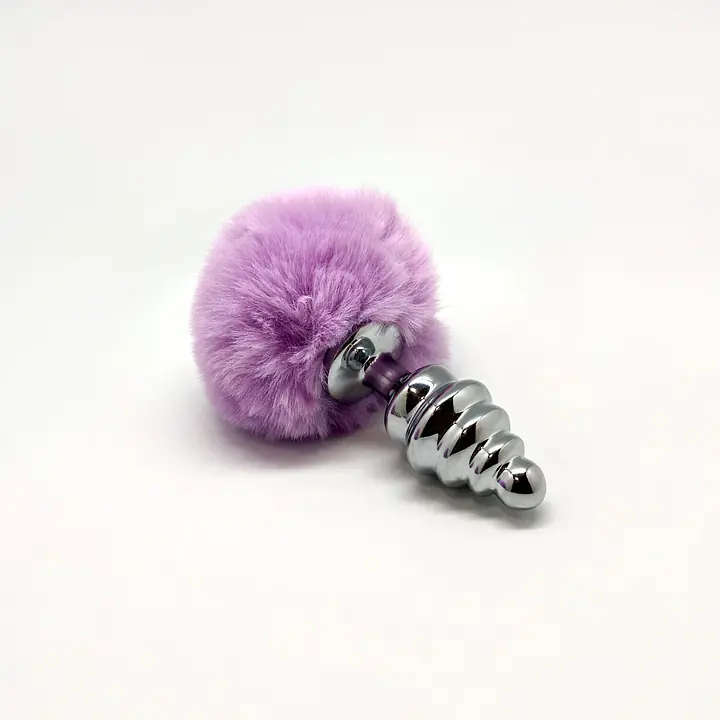 Металева анальна пробка Кролячий хвостик Alive Fluffy Twist Plug M Purple, діаметр 3,4 см - Master