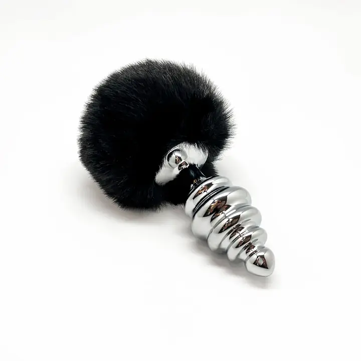Металева анальна пробка Кролячий хвостик Alive Fluffy Twist Plug L Black, діаметр 3,8 см - Master