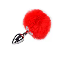 Металева анальна пробка Кролячий хвостик Alive Fluffy Plug S Red, діаметр 2,8 см - Master