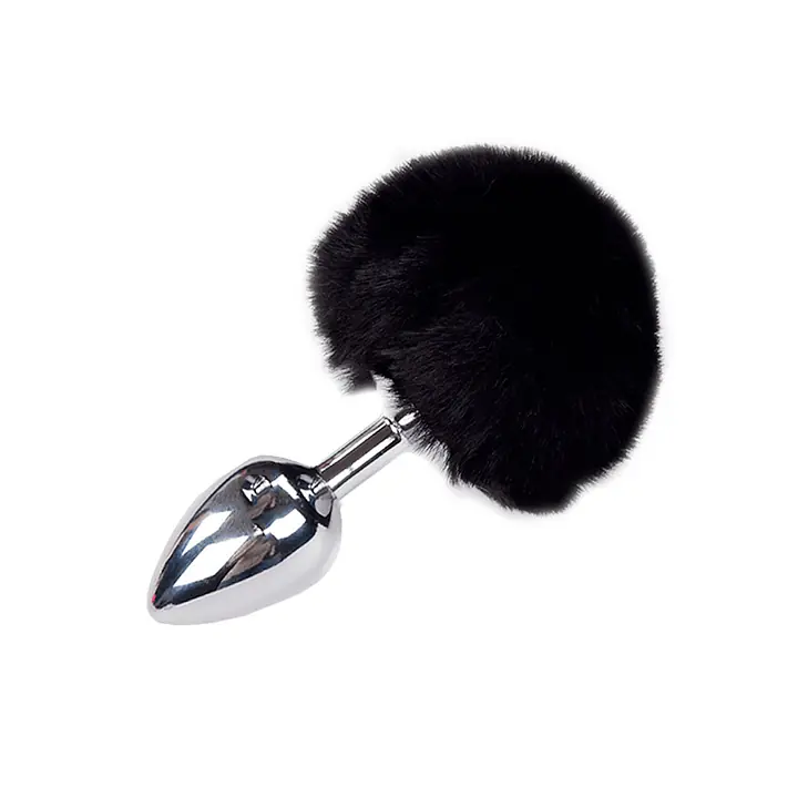 Металева анальна пробка Кролячий хвостик Alive Fluffy Plug M Black, діаметр 3,4 см - Master