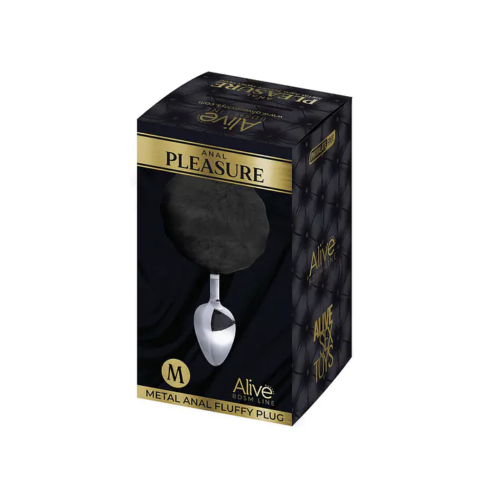 Металева анальна пробка Кролячий хвостик Alive Fluffy Plug M Black, діаметр 3,4 см - Master
