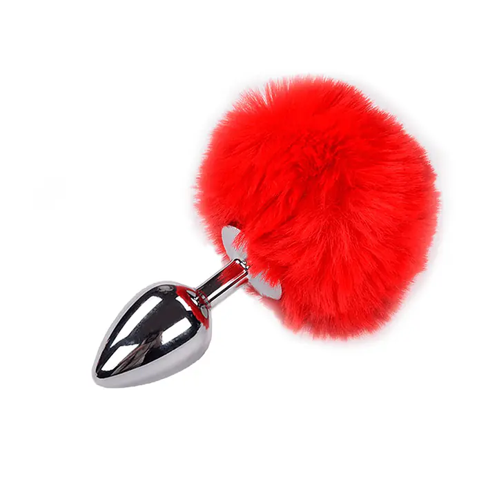 Металева анальна пробка Кролячий хвостик Alive Fluffy Plug M Red, діаметр 3,4 см - Master