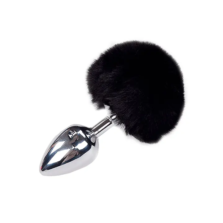 Металева анальна пробка Кролячий хвостик Alive Fluffy Plug L Black, діаметр 3,9 см - Master