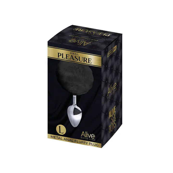 Металева анальна пробка Кролячий хвостик Alive Fluffy Plug L Black, діаметр 3,9 см - Master