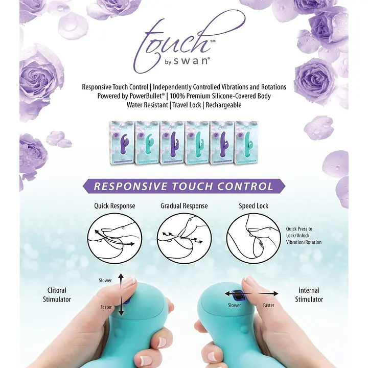 Вібратор-кролик з сенсорним управлінням і ротацією Touch by SWAN - Duo Teal, глибока вібрація - Master