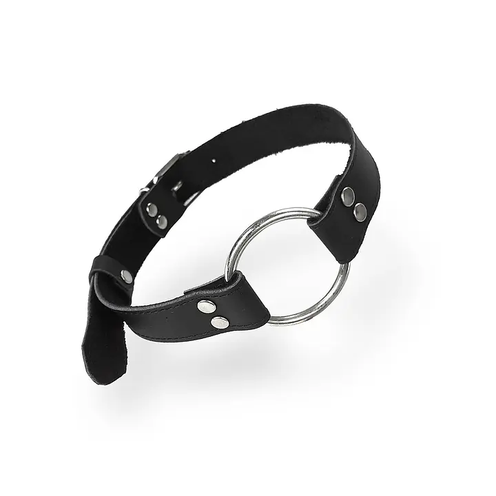 Кляп металеве кільце на ременях Art of Sex – Gag Ring Metal, чорний, натуральна шкіра - Master