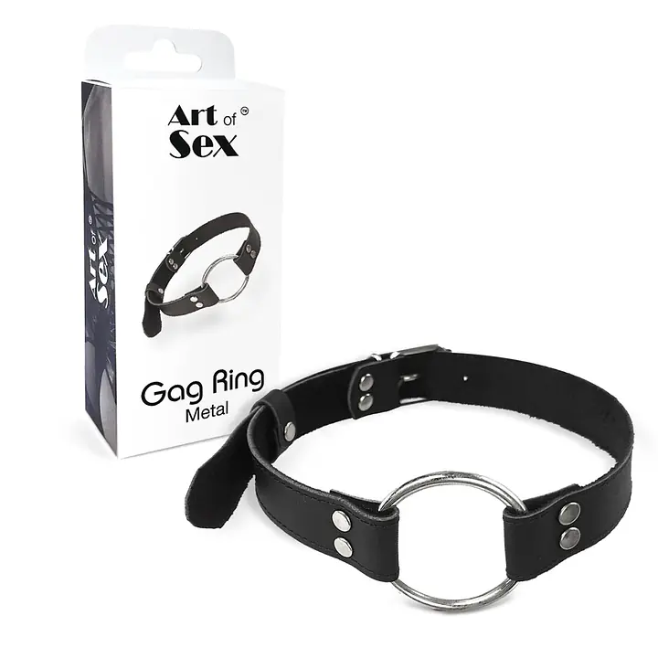 Кляп металеве кільце на ременях Art of Sex – Gag Ring Metal, чорний, натуральна шкіра - Master