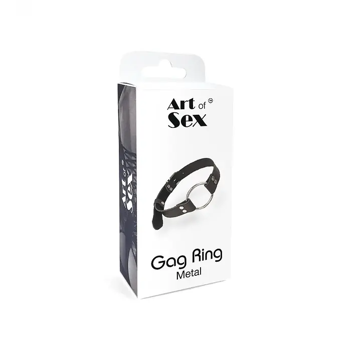 Кляп металеве кільце на ременях Art of Sex – Gag Ring Metal, чорний, натуральна шкіра - Master