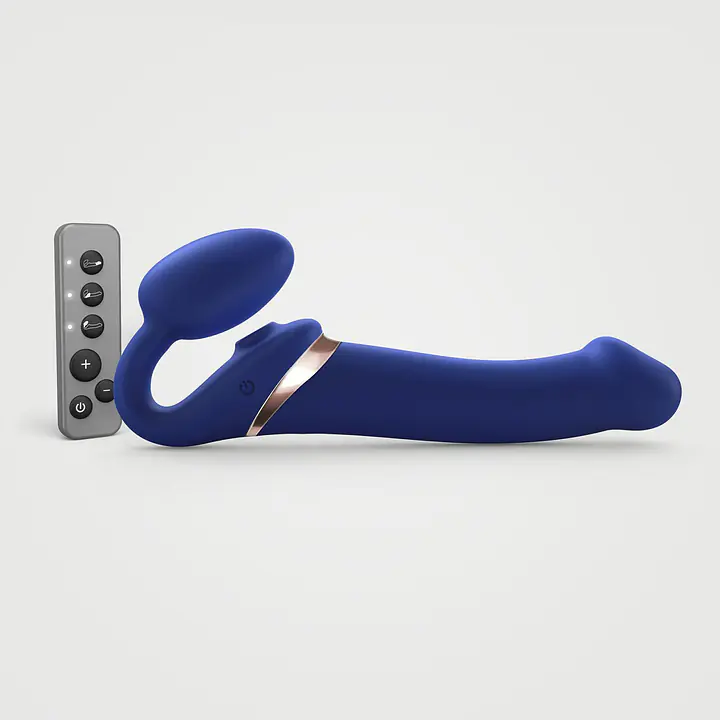 Безремінний вібрострапон з вакуумною стимуляцією Strap-On-Me MULTI ORGASM Blue L, регульований - Master