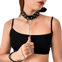 Нашийник з повідцем із натуральної шкіри із заклепками Art of Sex - Jenna Collar with Leash, чорний - Master