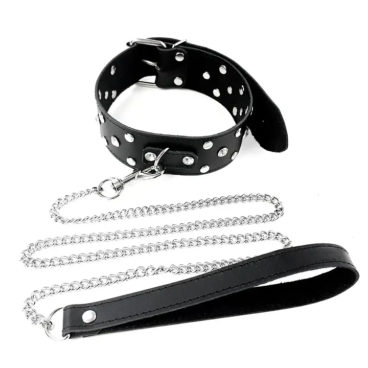 Нашийник з повідцем із натуральної шкіри із заклепками Art of Sex - Jenna Collar with Leash, чорний - Master