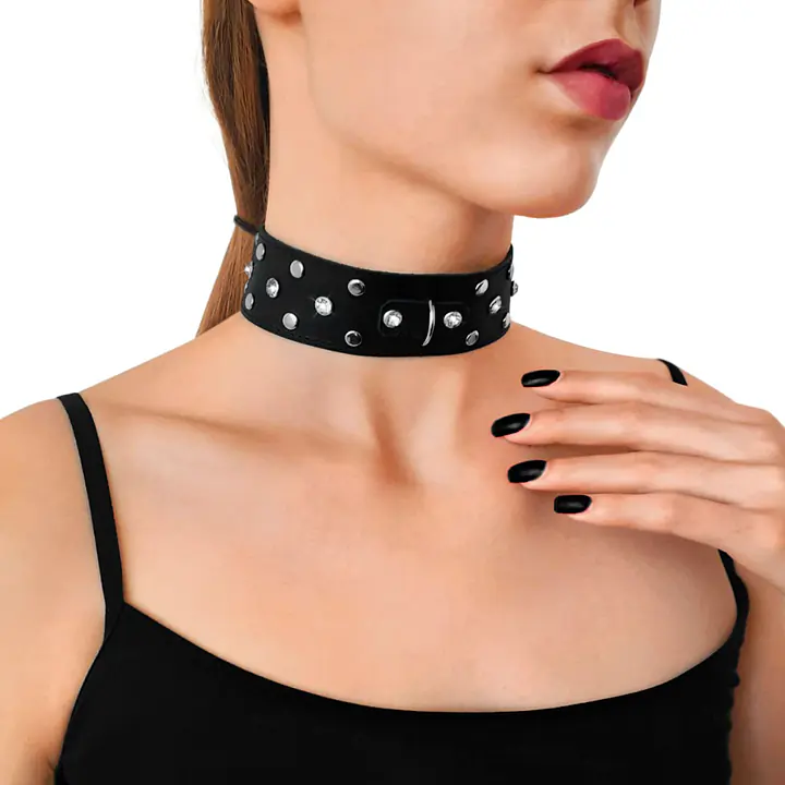Нашийник з натуральної шкіри із заклепками та стразами Art of Sex - Jenna Collar, Чорний - Master