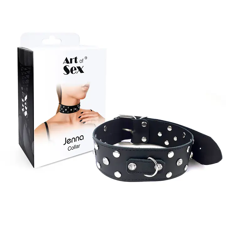 Нашийник з натуральної шкіри із заклепками та стразами Art of Sex - Jenna Collar, Чорний - Master