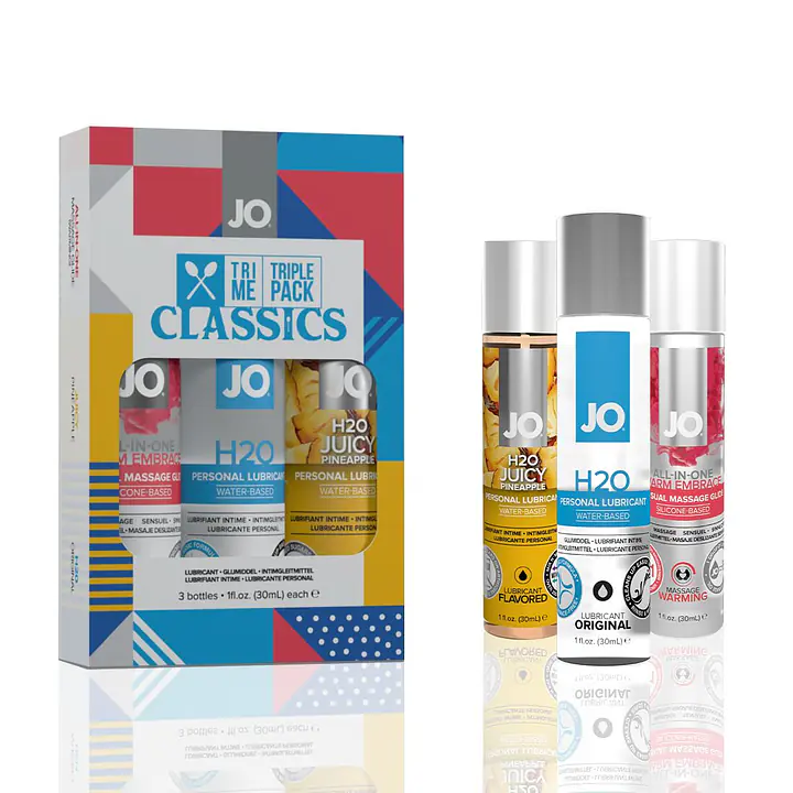 Набір JO Tri-Me Triple Pack — Classics (3×30 мл) водна, силіконова та смакова змазка - Master