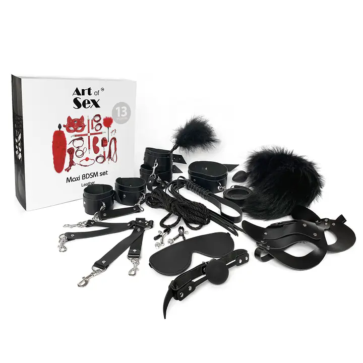 Набір BDSM Art Of Sex – Maxi BDSM Set Leather, 13 предметів, чорний, натуральна шкіра - Master