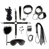 BDSM-набір Art of Sex – Spikes BDSM Set Leather, 10 предметів, чорний, натуральна шкіра - Master