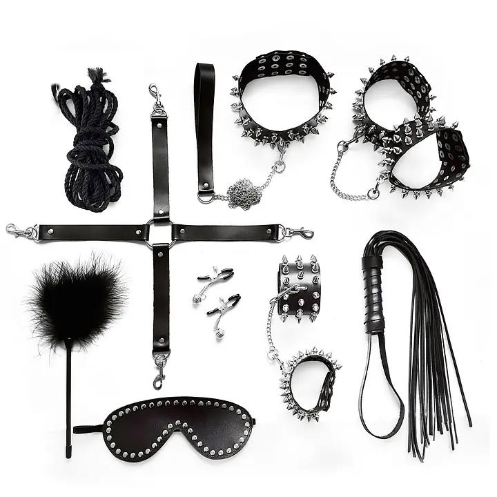 BDSM-набір Art of Sex – Spikes BDSM Set Leather, 10 предметів, чорний, натуральна шкіра - Master