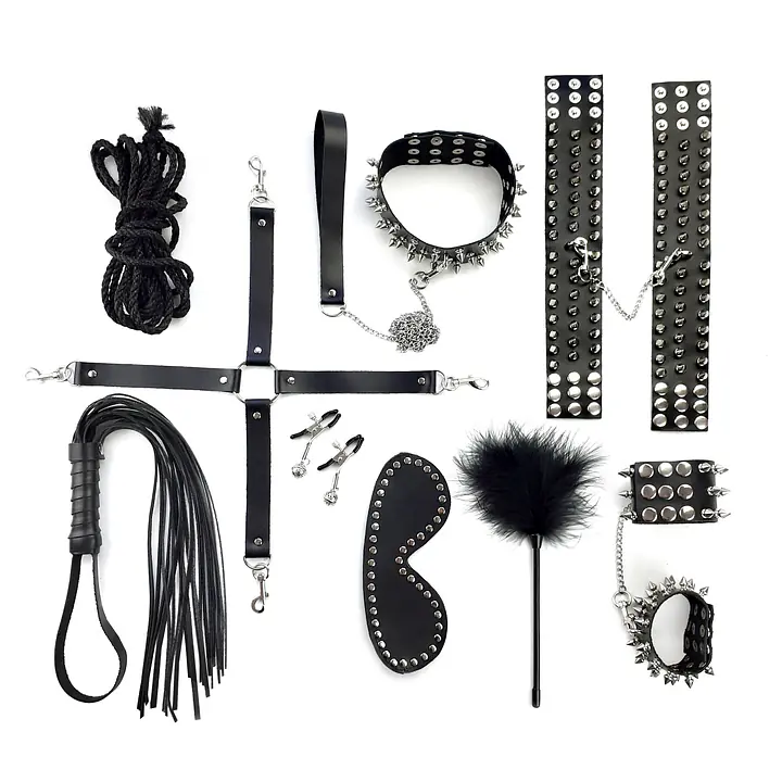 BDSM-набір Art of Sex – Spikes BDSM Set Leather, 10 предметів, чорний, натуральна шкіра - Master
