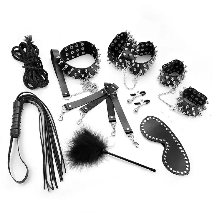 BDSM-набір Art of Sex – Spikes BDSM Set Leather, 10 предметів, чорний, натуральна шкіра - Master