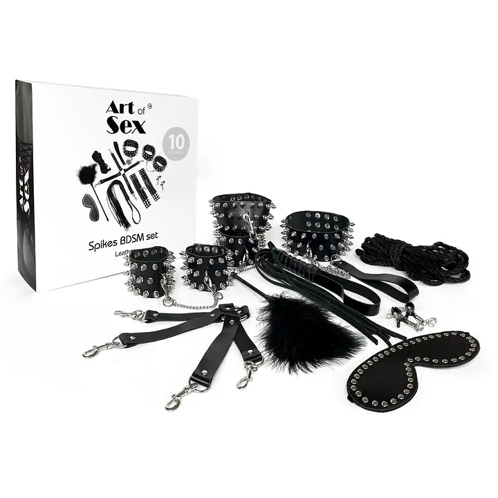 BDSM-набір Art of Sex – Spikes BDSM Set Leather, 10 предметів, чорний, натуральна шкіра - Master