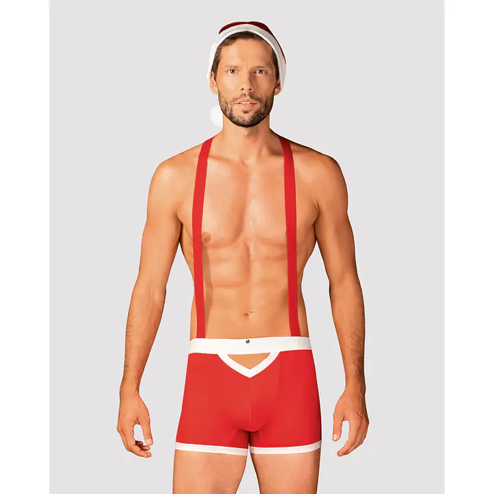 Чоловічий еротичний костюм Санта-Клауса Obsessive Mr Claus 2XL/3XL, боксери на підтяжках, шапочка з - Master