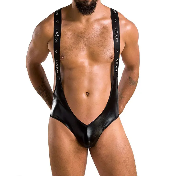 Чоловіче відкрите боді Passion 027 BRUNO L/XL Black, під латекс, на шлейках - Master