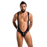 Чоловіче відкрите боді Passion 027 BRUNO L/XL Black, під латекс, на шлейках - Master