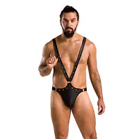 Чоловіче боді з люверсами Passion 028 HARRY L/XL Black, екошкіра, на шлейках - Master