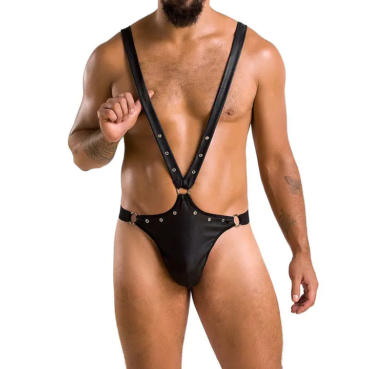 Чоловіче боді з люверсами Passion 028 HARRY S/M Black, екошкіра, на шлейках - Master
