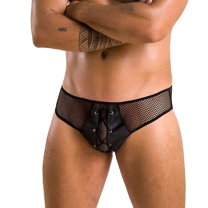 Чоловічі труси зі шнурівкою Passion 035 SLIP RICHARD L/XL Black, екошкіра, сітка - Master