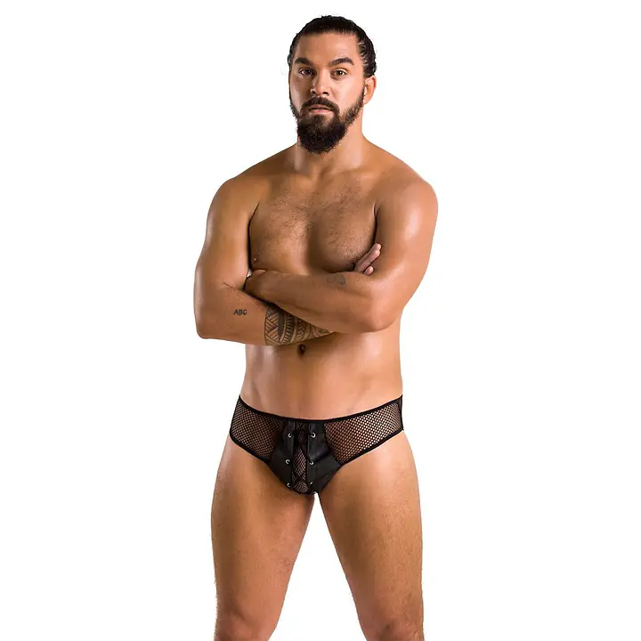 Чоловічі труси зі шнурівкою Passion 035 SLIP RICHARD L/XL Black, екошкіра, сітка - Master