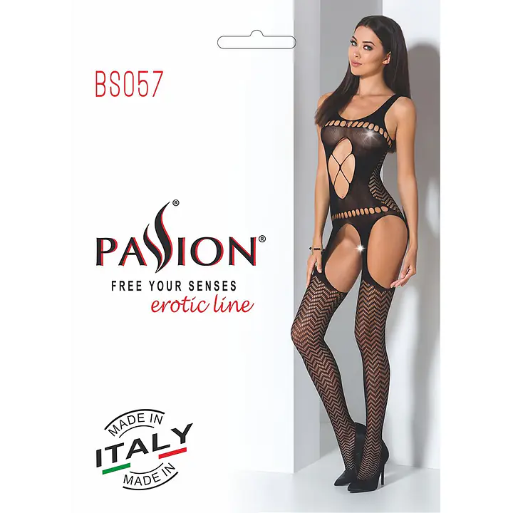 Бодістокінг Passion BS057 black, комбінезон, імітація панчох і пояса - Master