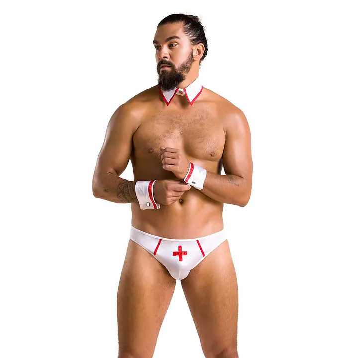 Комплект еротичної чоловічої білизни Passion 037 GREGORY L/XL White, труси, комірець, манжети - Master