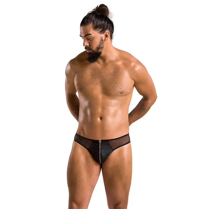 Чоловічі сліпи на блискавці Passion 042 SLIP TIMMY L/XL Black, екошкіра, сітка - Master