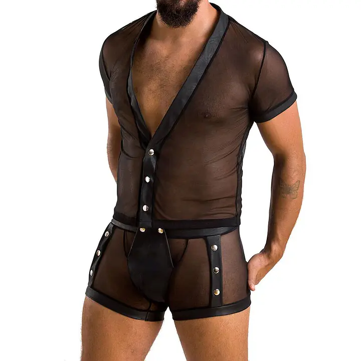 Комплект сітчастої чоловічої білизни Passion 052 SET MICHAEL 2XL/3XL black сорочка, боксери заклепки - Master