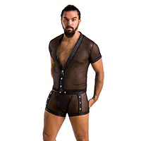 Комплект сітчастої чоловічої білизни Passion 052 SET MICHAEL 2XL/3XL black сорочка, боксери заклепки - Master