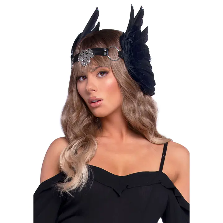 Пов’язка на голову з крилами Leg Avenue Feather headband Black, пір’я та натуральна шкіра - Master