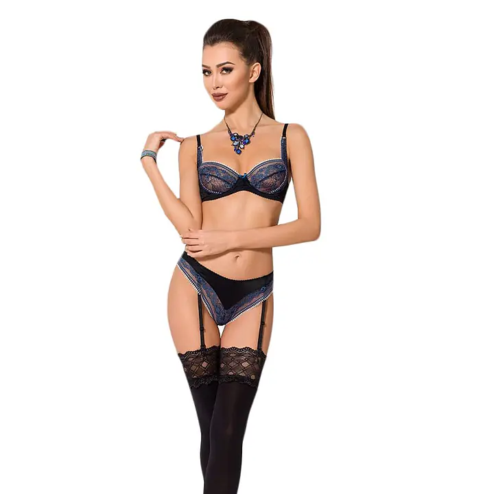 Комплект білизни Passion Exclusive GISELE SET L/XL, black, ліф, трусики з пажами - Master