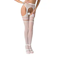 Сітчасті колготки-бодістокінги Passion S013 One Size, White, імітація панчіх та пояса з гартерами - Master