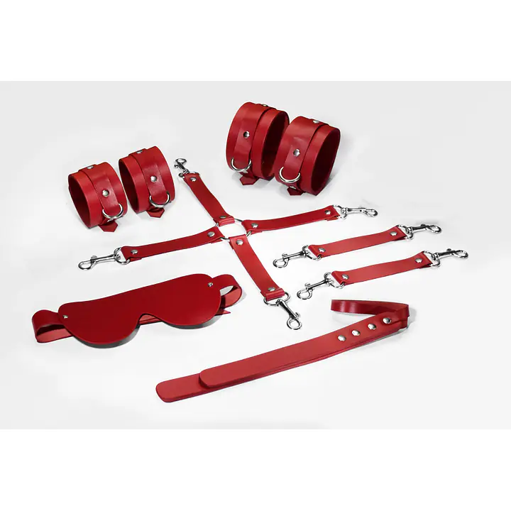 Набір Feral Feelings BDSM Kit 5 Red, наручники, поножі, хрестовина, маска, падл - Master